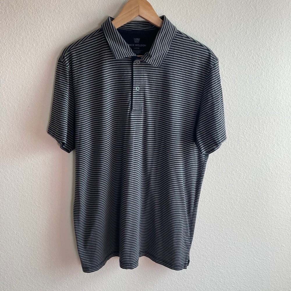 Mack Weldon Polo Shirt Mens Large Blue Grey Stripe Short Sleeve Pima Cotton